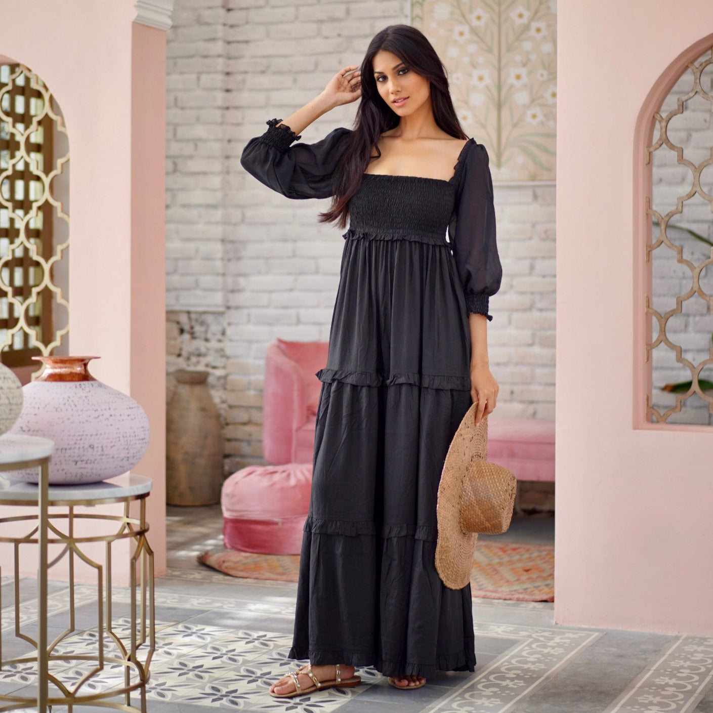 Selena Boho Maxi Dress Elasticized Empire Waist Tiered - The Bohemian Closet