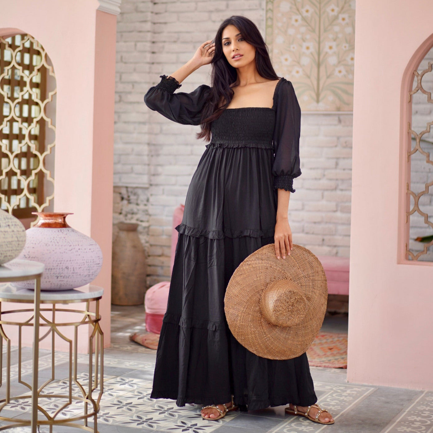 Selena Boho Maxi Dress Elasticized Empire Waist Tiered - The Bohemian Closet