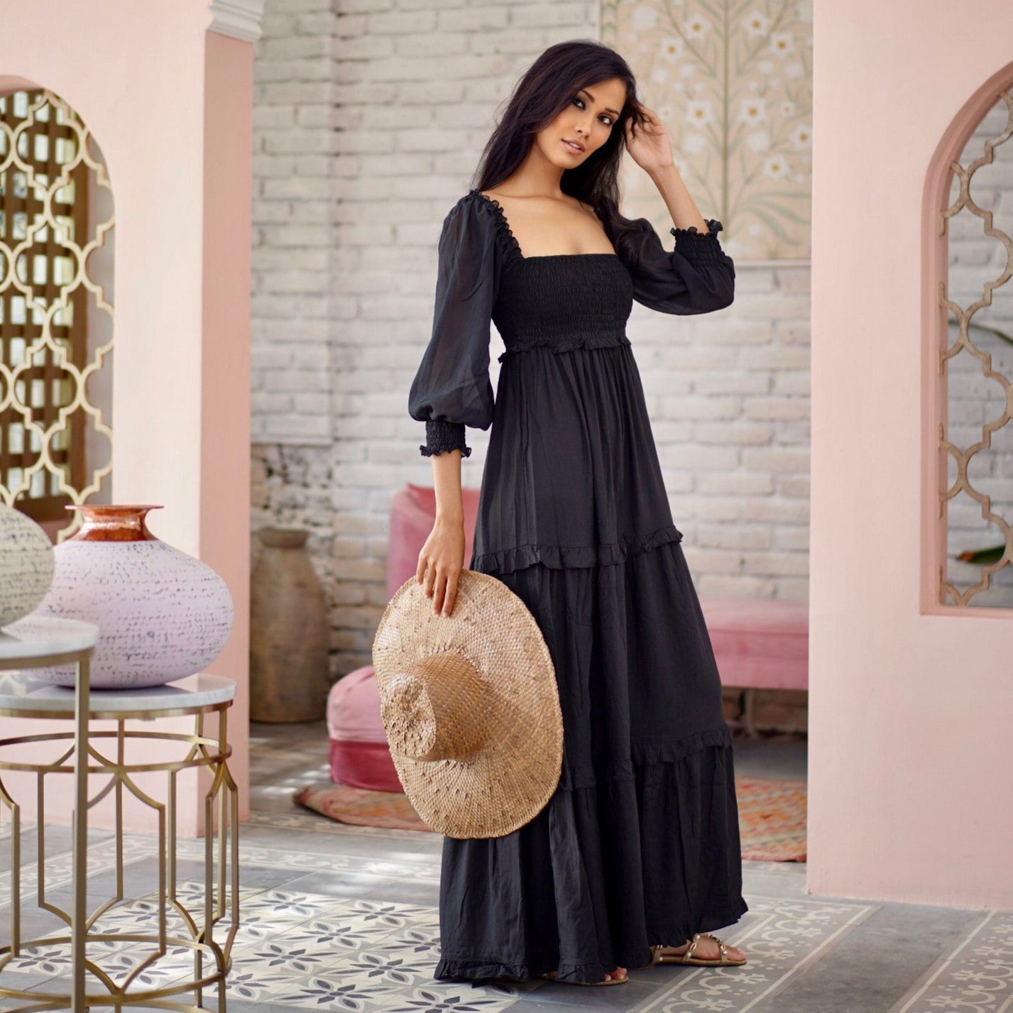 Selena Boho Maxi Dress Elasticized Empire Waist Tiered - The Bohemian Closet