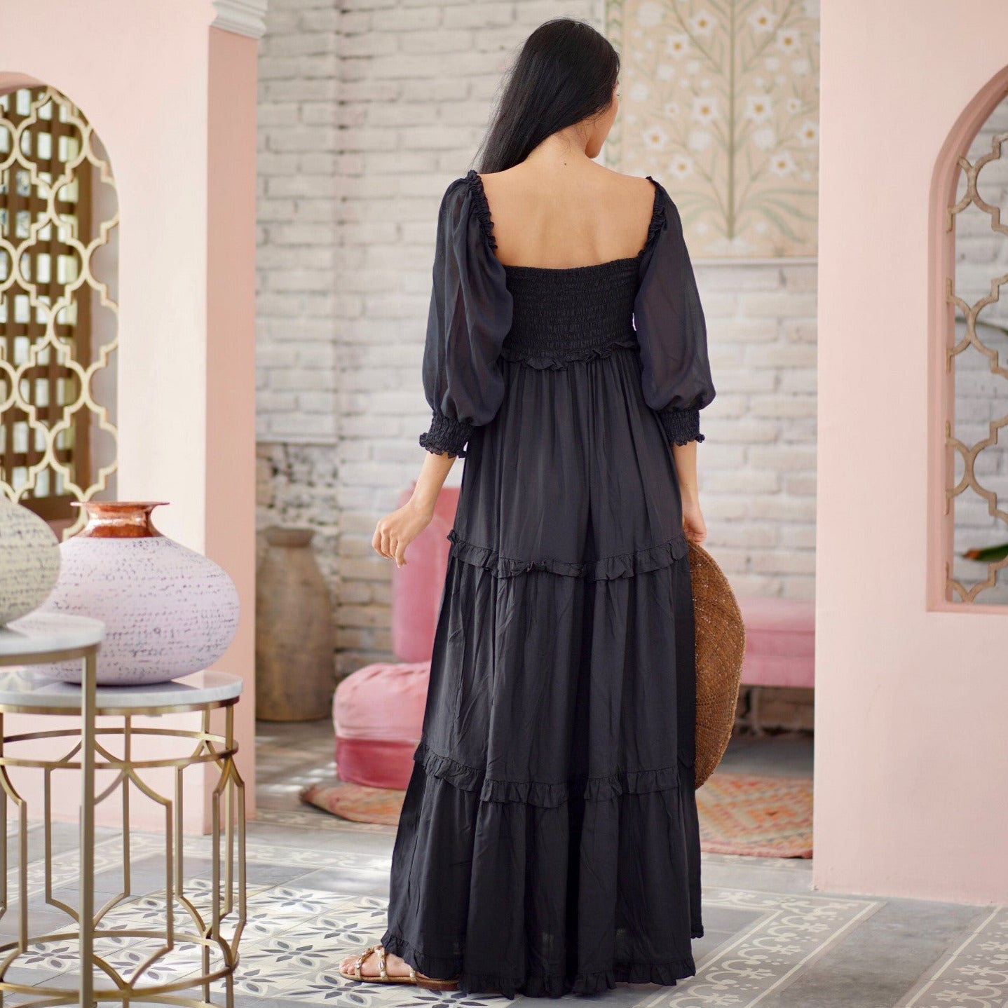 Selena Boho Maxi Dress Elasticized Empire Waist Tiered - The Bohemian Closet