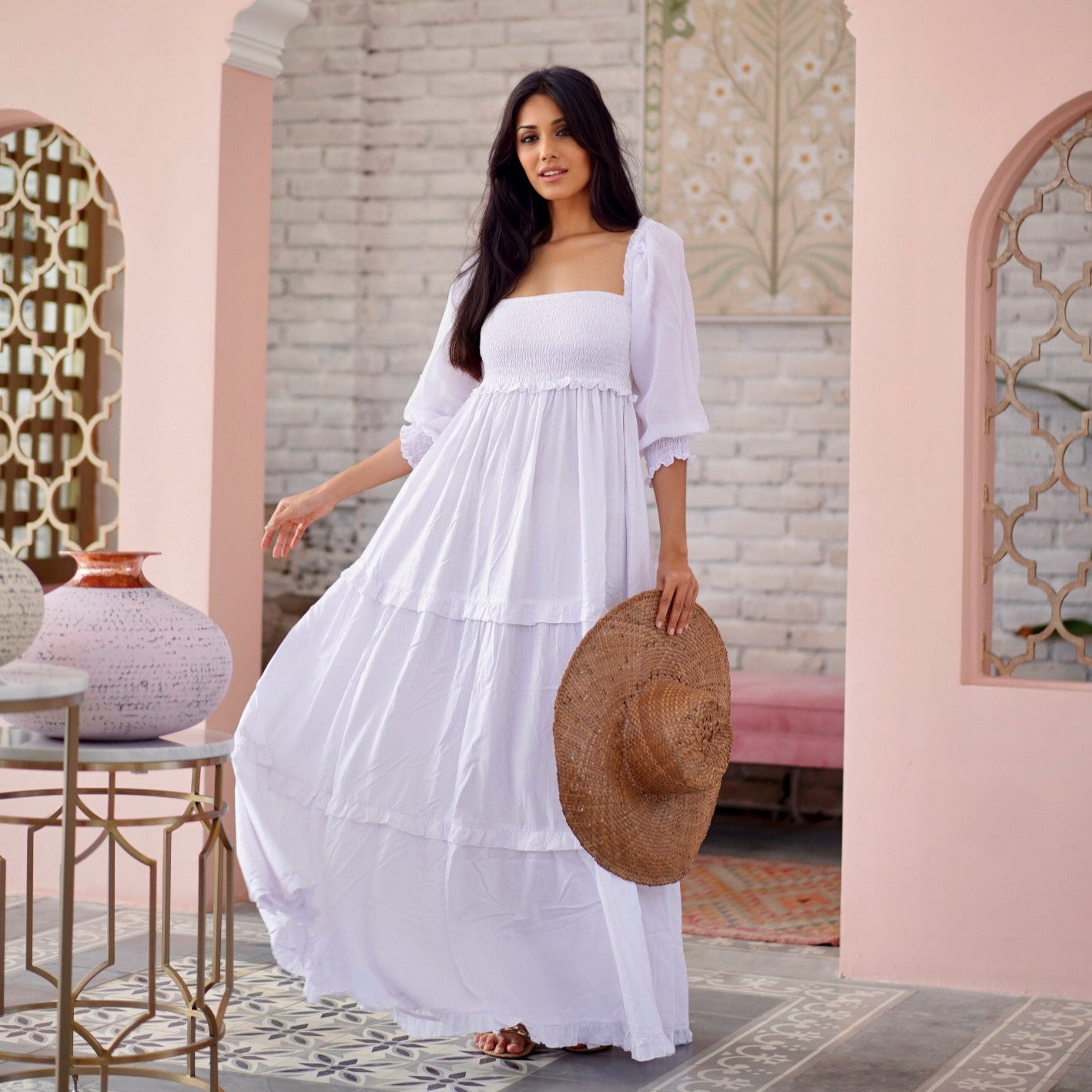 Selena Boho Maxi Dress Elasticized Empire Waist Tiered - The Bohemian Closet