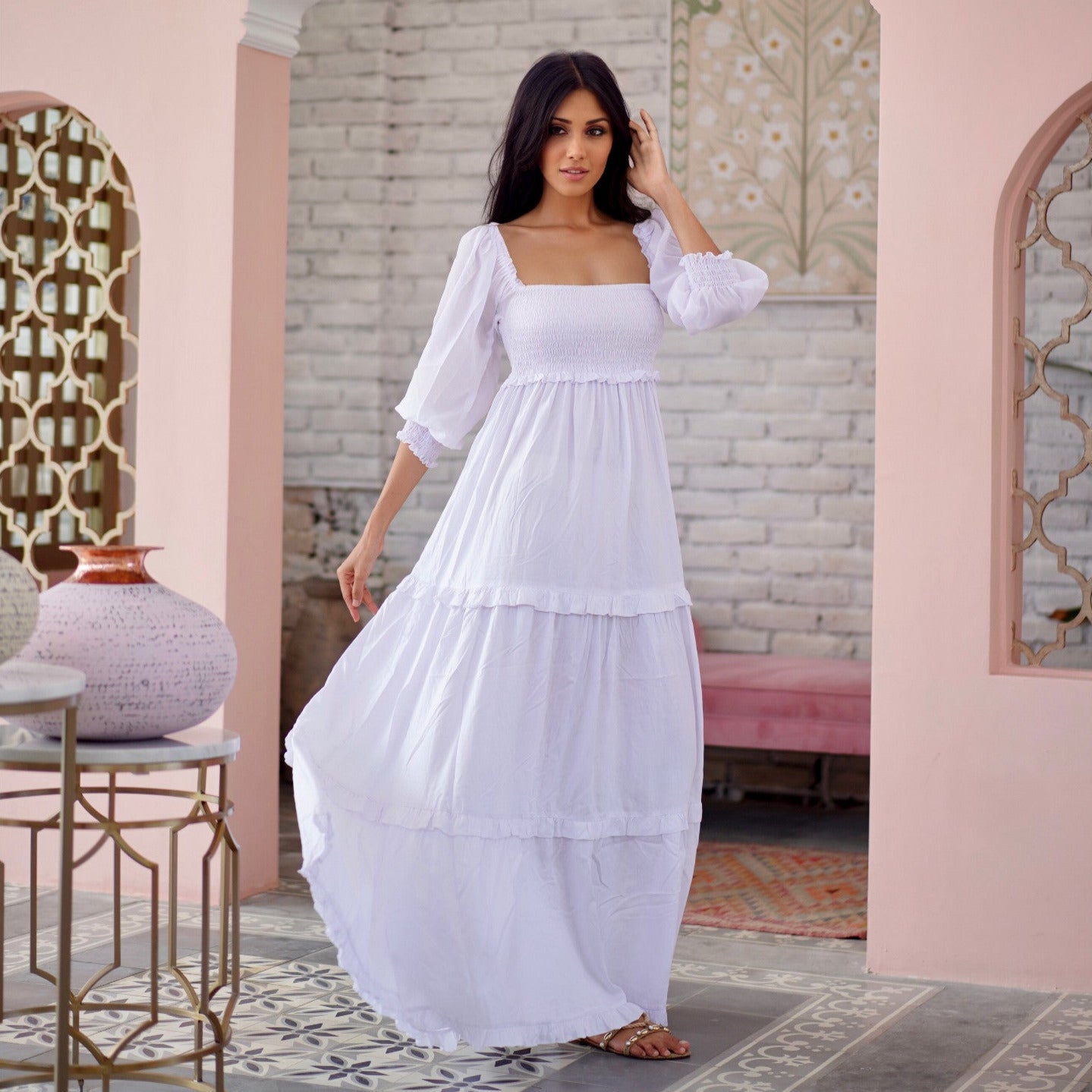 Selena Boho Maxi Dress Elasticized Empire Waist Tiered - The Bohemian Closet