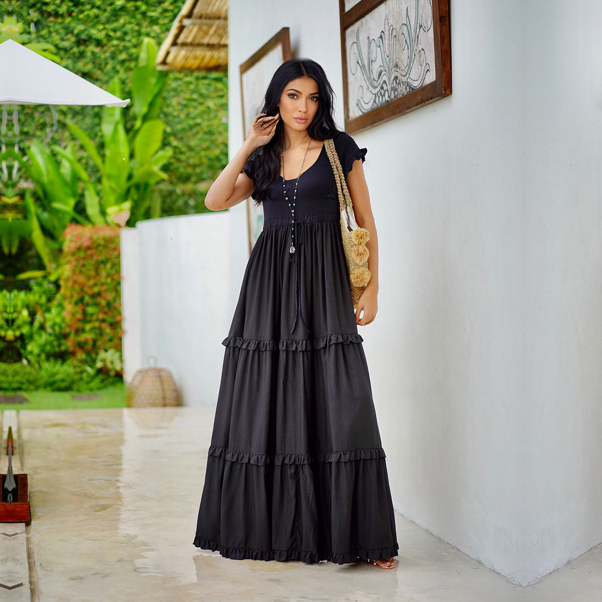 Roma Black Maxi Dress Sexy Resort Cottagecore Gypsy Tiered Holiday Gift - The Bohemian Closet