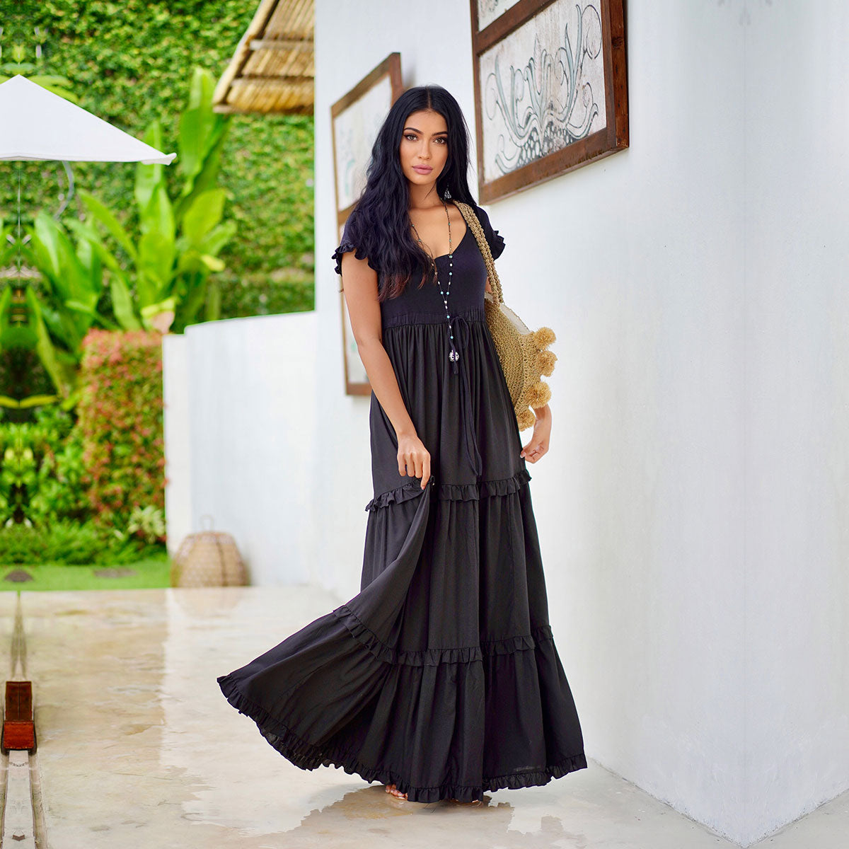 Roma Black Maxi Dress Sexy Resort Cottagecore Gypsy Tiered Holiday Gift - The Bohemian Closet