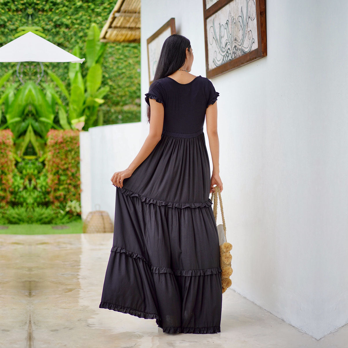 Roma Black Maxi Dress Sexy Resort Cottagecore Gypsy Tiered Holiday Gift - The Bohemian Closet