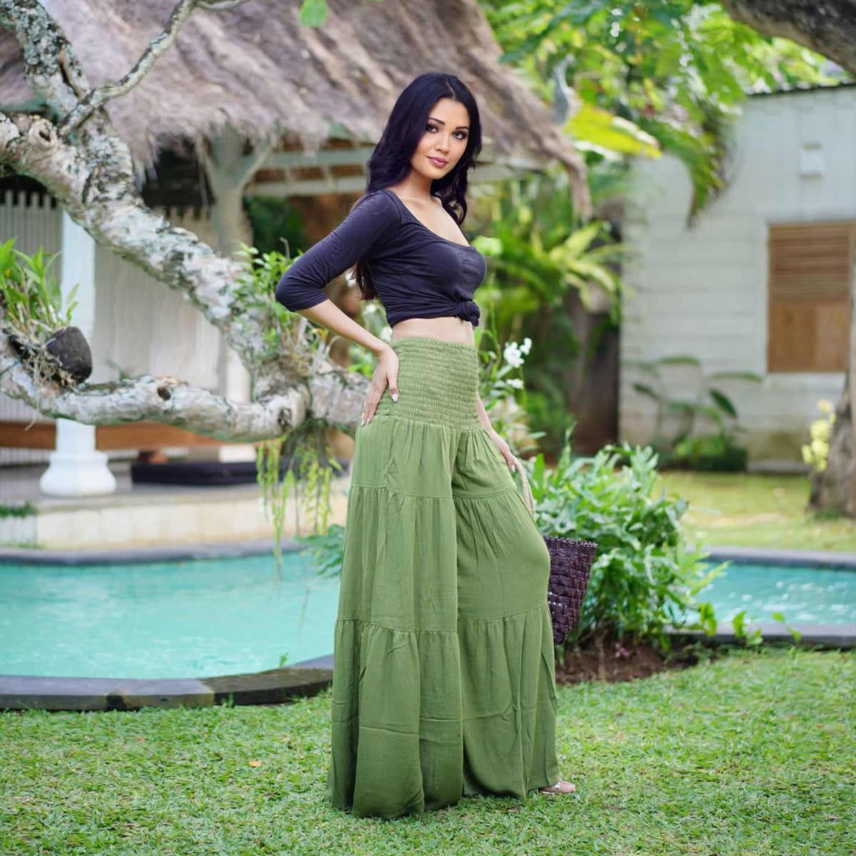 Zoie Smocked Waist Palazzo Ruffle Pants - The Bohemian Closet