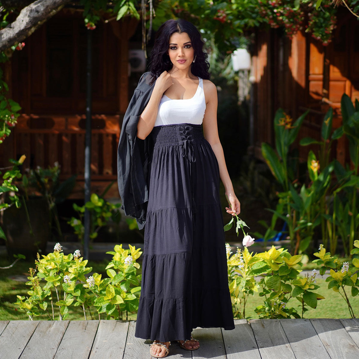 Kamilah Elasticized Lace Up Waistband Renaissance Maxi Skirt - The Bohemian Closet