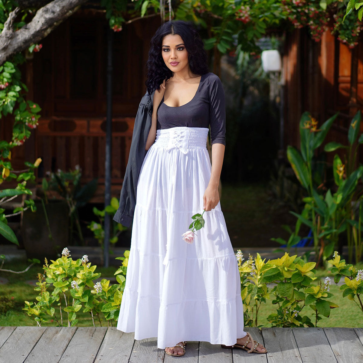 Kamilah Elasticized Lace Up Waistband Renaissance Maxi Skirt - The Bohemian Closet