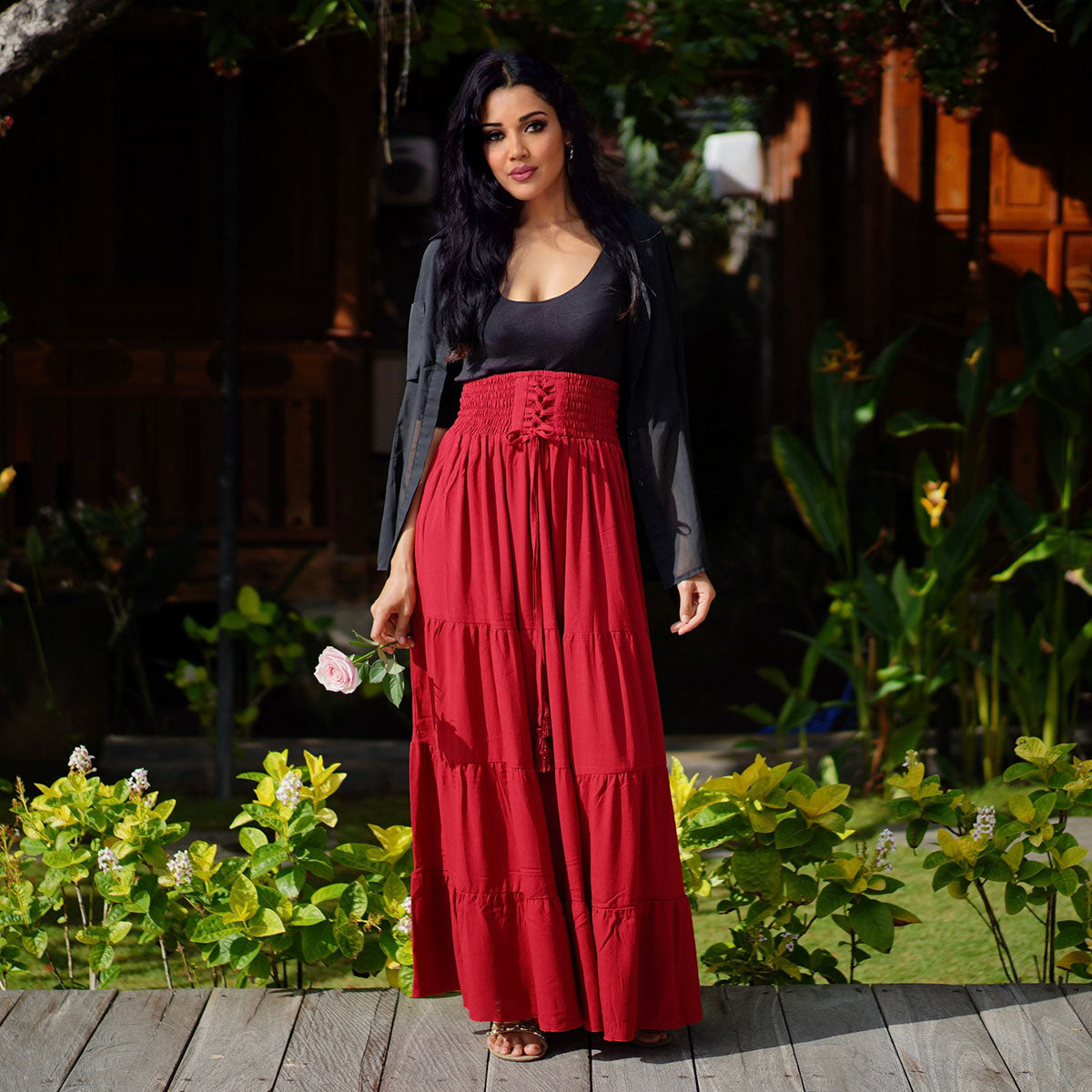 Kamilah Elasticized Lace Up Waistband Renaissance Maxi Skirt - The Bohemian Closet
