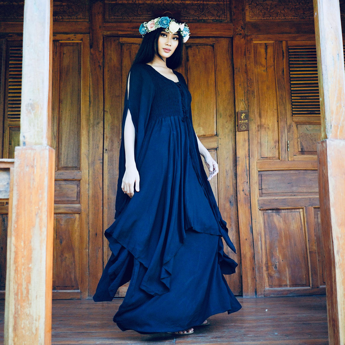 Keyla Renaissance Lace Up Smocked Goddess Maxi Dress - The Bohemian Closet