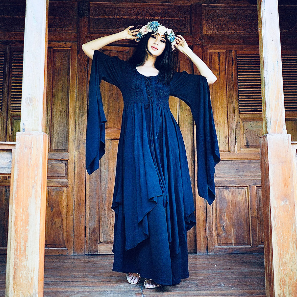 Keyla Renaissance Lace Up Smocked Goddess Maxi Dress - The Bohemian Closet