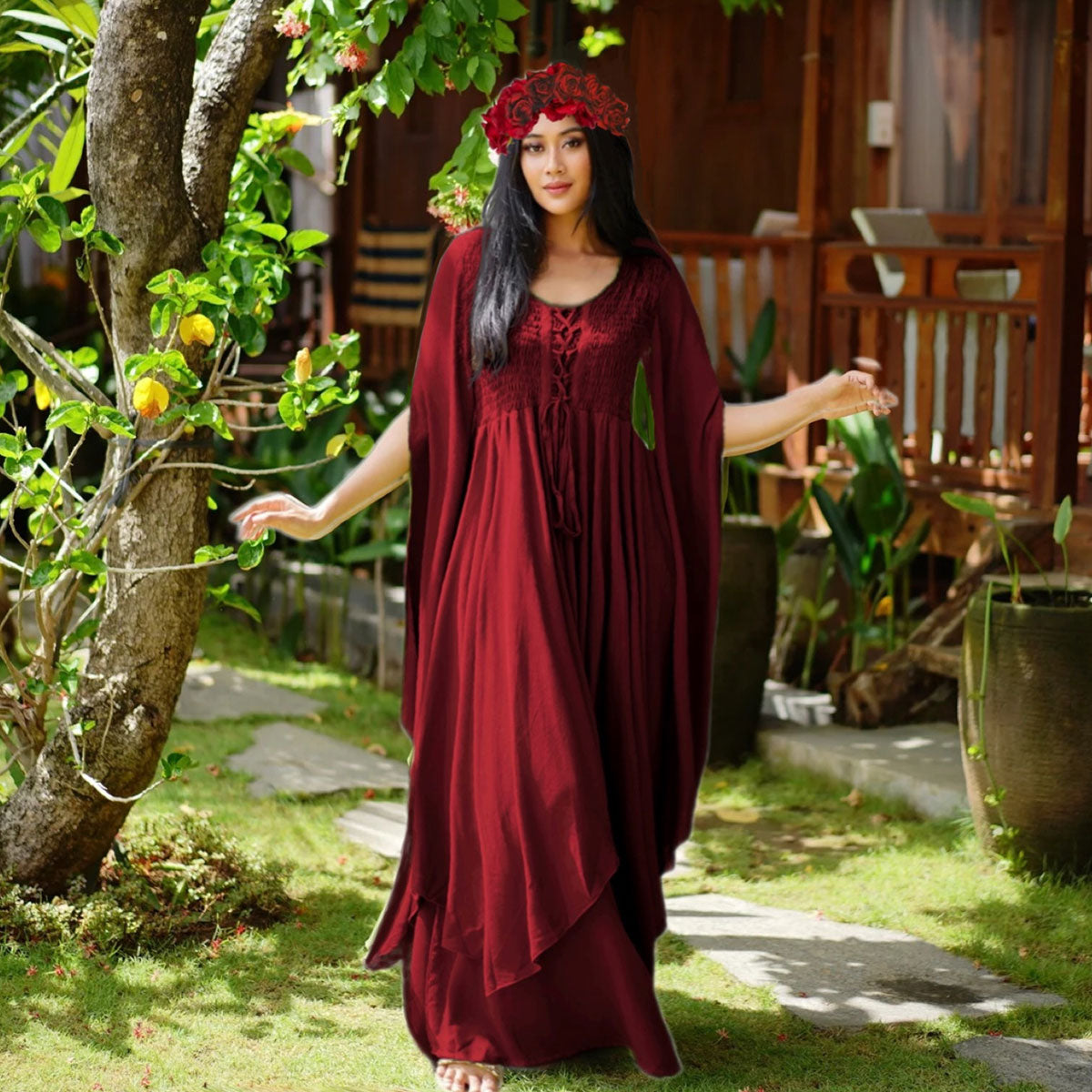 Keyla Renaissance Lace Up Smocked Goddess Maxi Dress - The Bohemian Closet