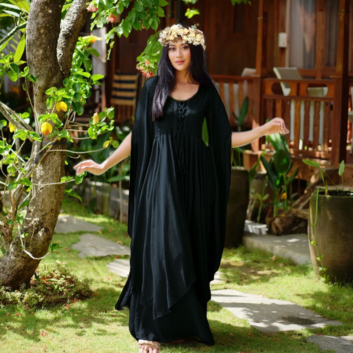 Keyla Renaissance Lace Up Smocked Goddess Maxi Dress - The Bohemian Closet