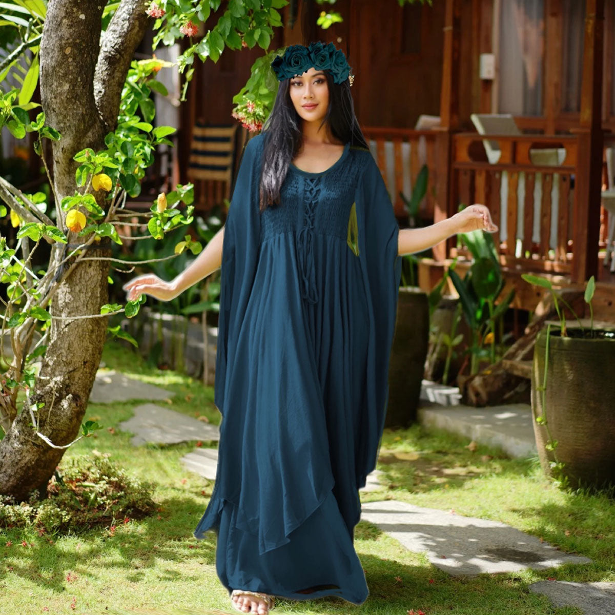Keyla Renaissance Lace Up Smocked Goddess Maxi Dress - The Bohemian Closet