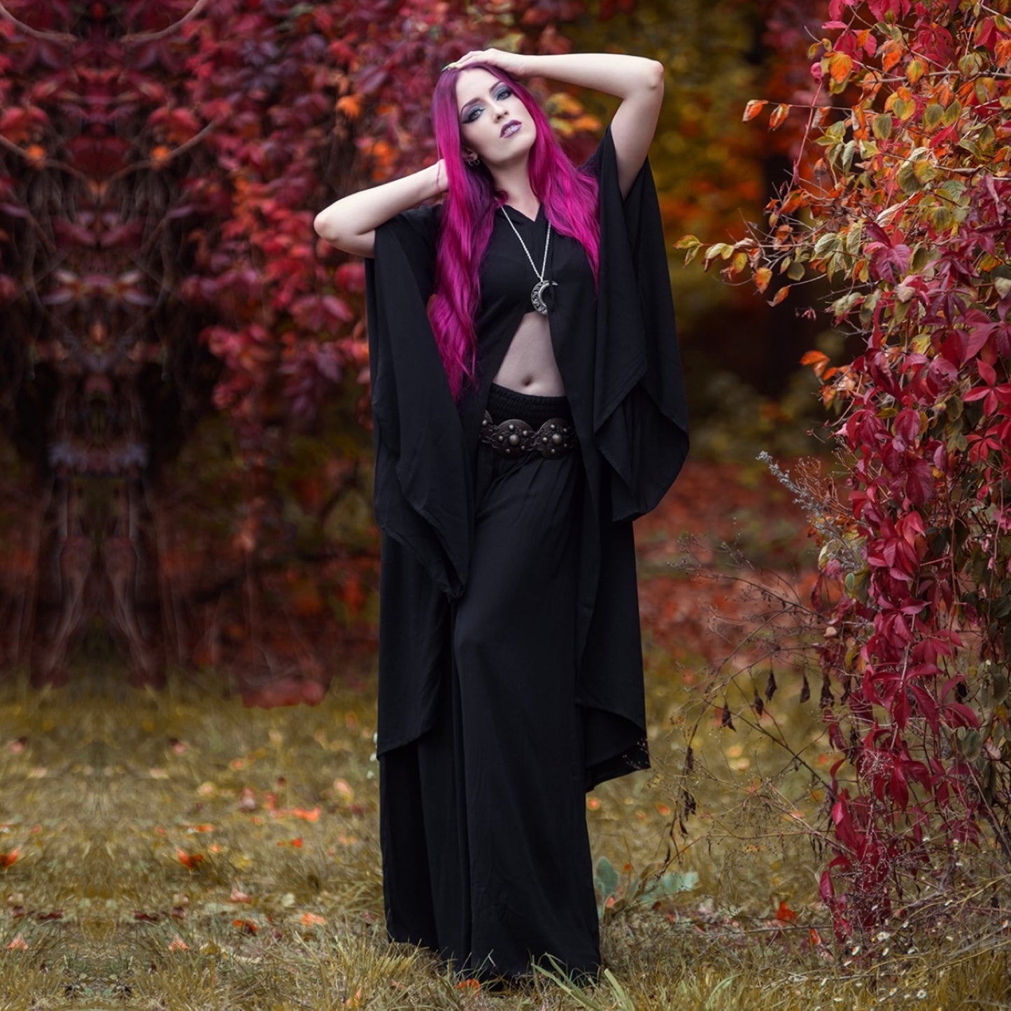 Aisha CottageGoth Palazzo Pant and Hooded Long Blouse Outfit - The Bohemian Closet