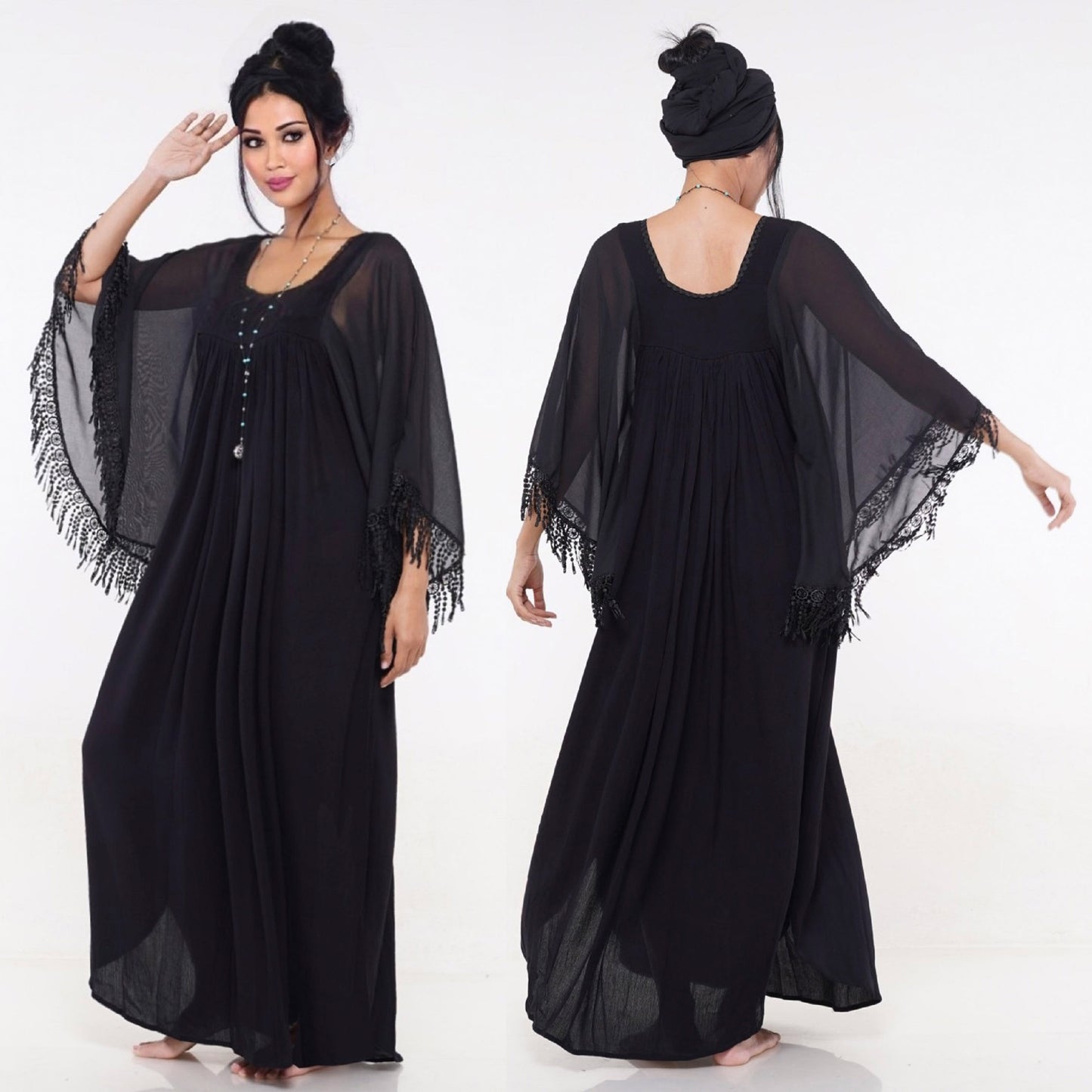 Mazikeen Fringe Butterfly Caftan Black Maxi Dress - The Bohemian Closet