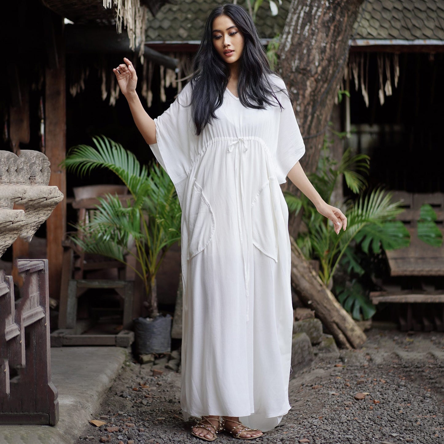 Maddison V Neck Tie front Kaftan Maxi Dress - The Bohemian Closet