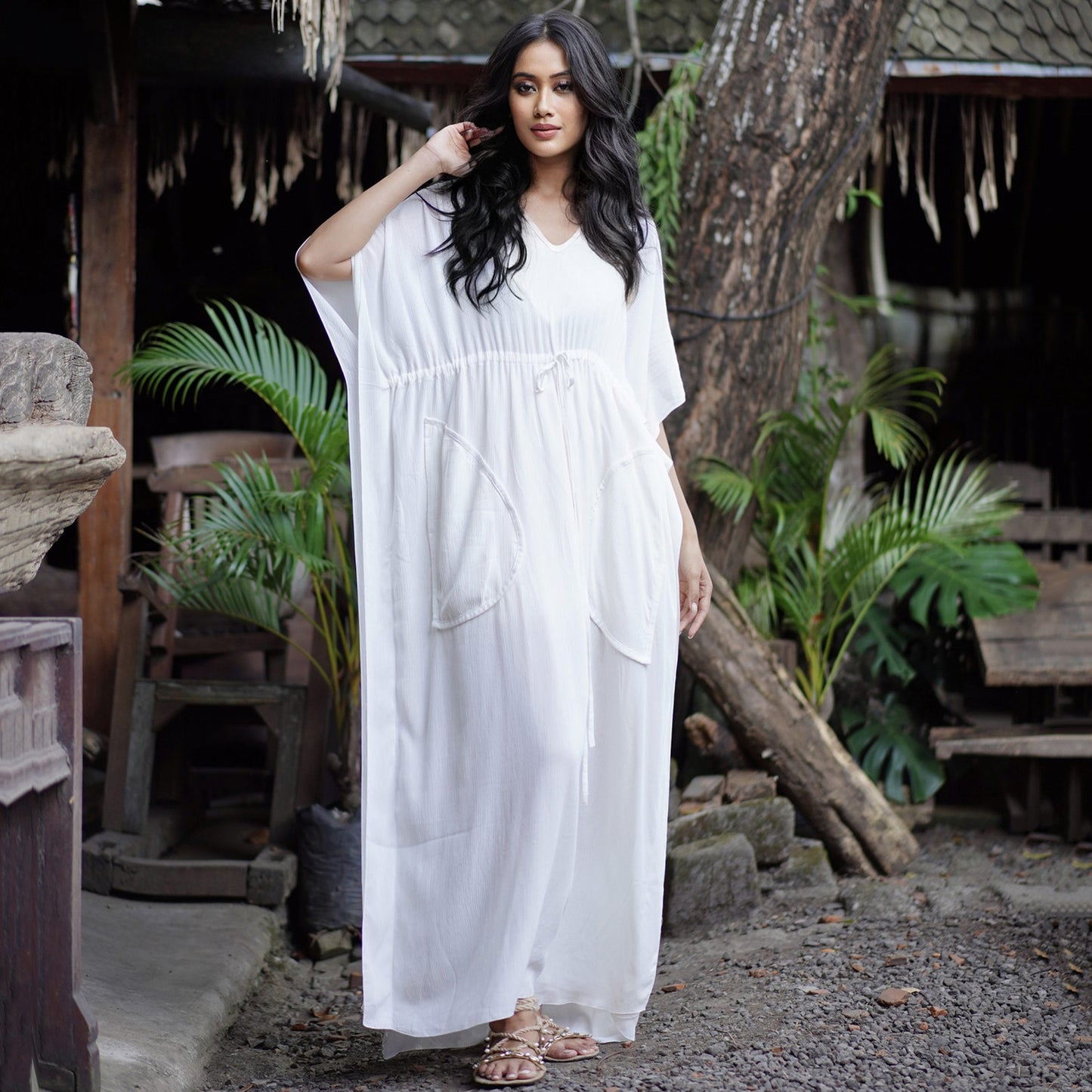 Maddison V Neck Tie front Kaftan Maxi Dress - The Bohemian Closet