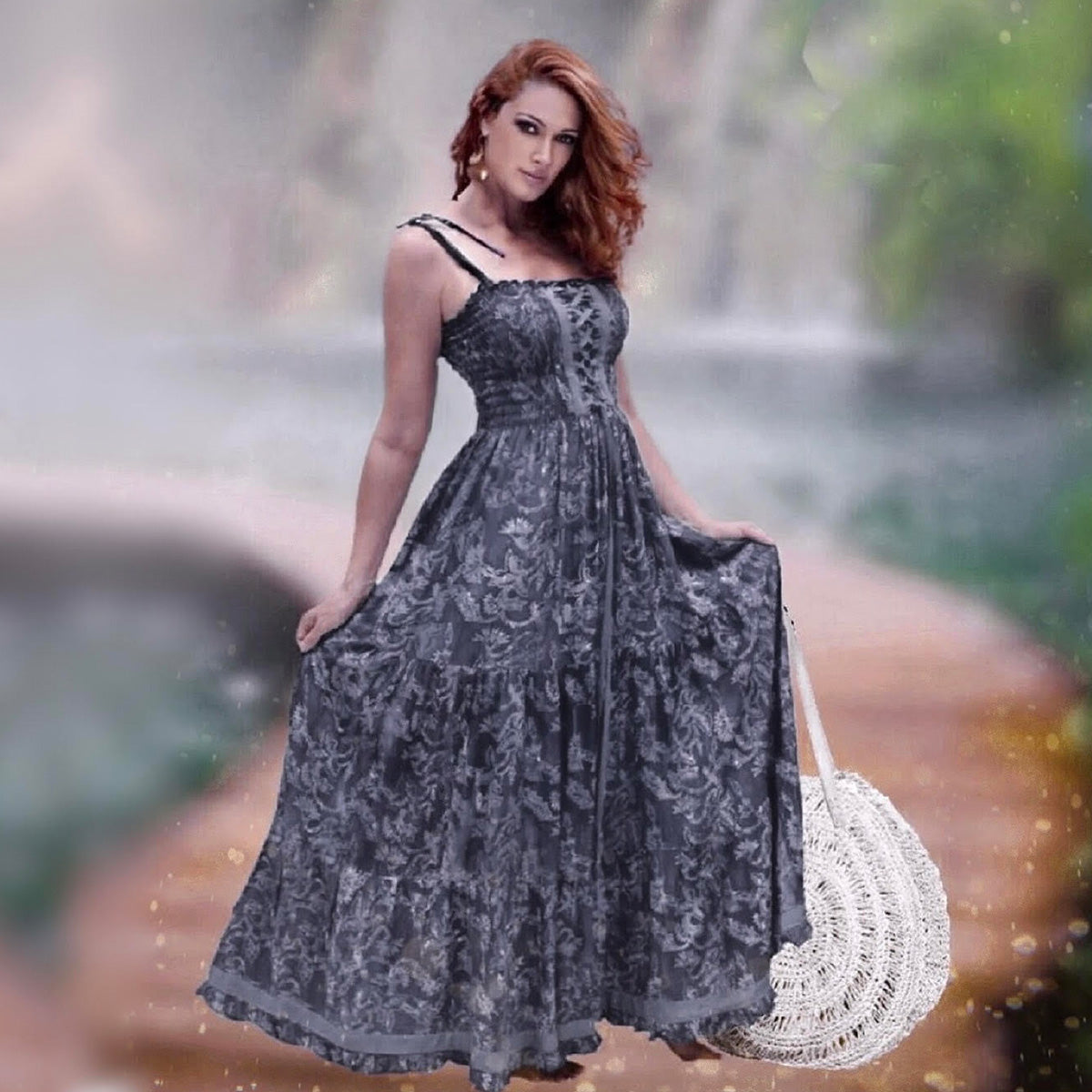 Guinevere Spaghetti Straps Smocked Lacings Ruffle Maxi Dress - The Bohemian Closet
