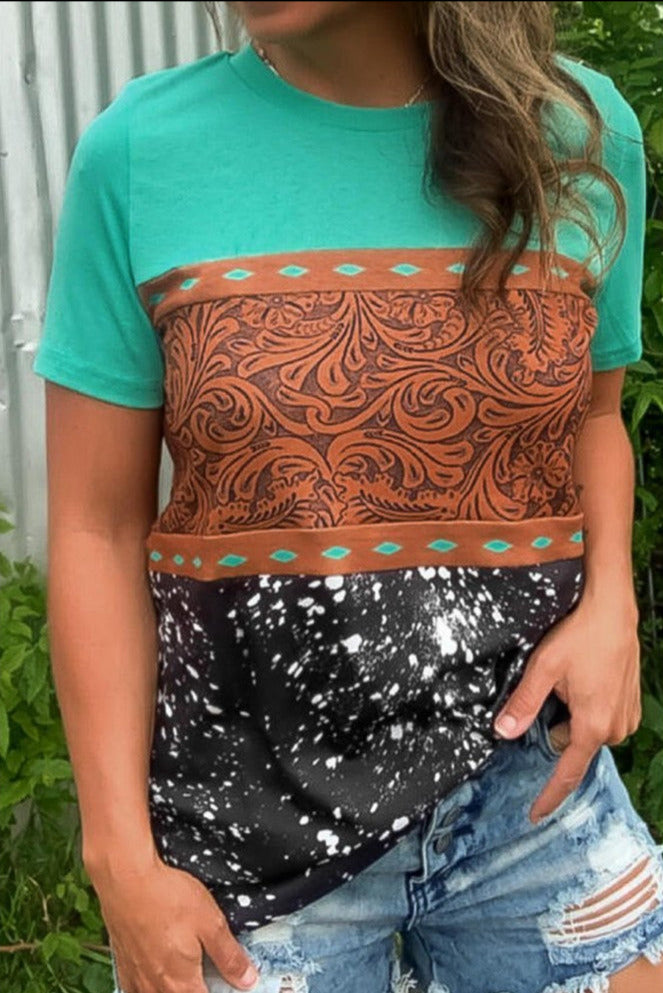 Liliana Green Marble Print Buckstitch Splicing Color Block T-shirt - The Bohemian Closet