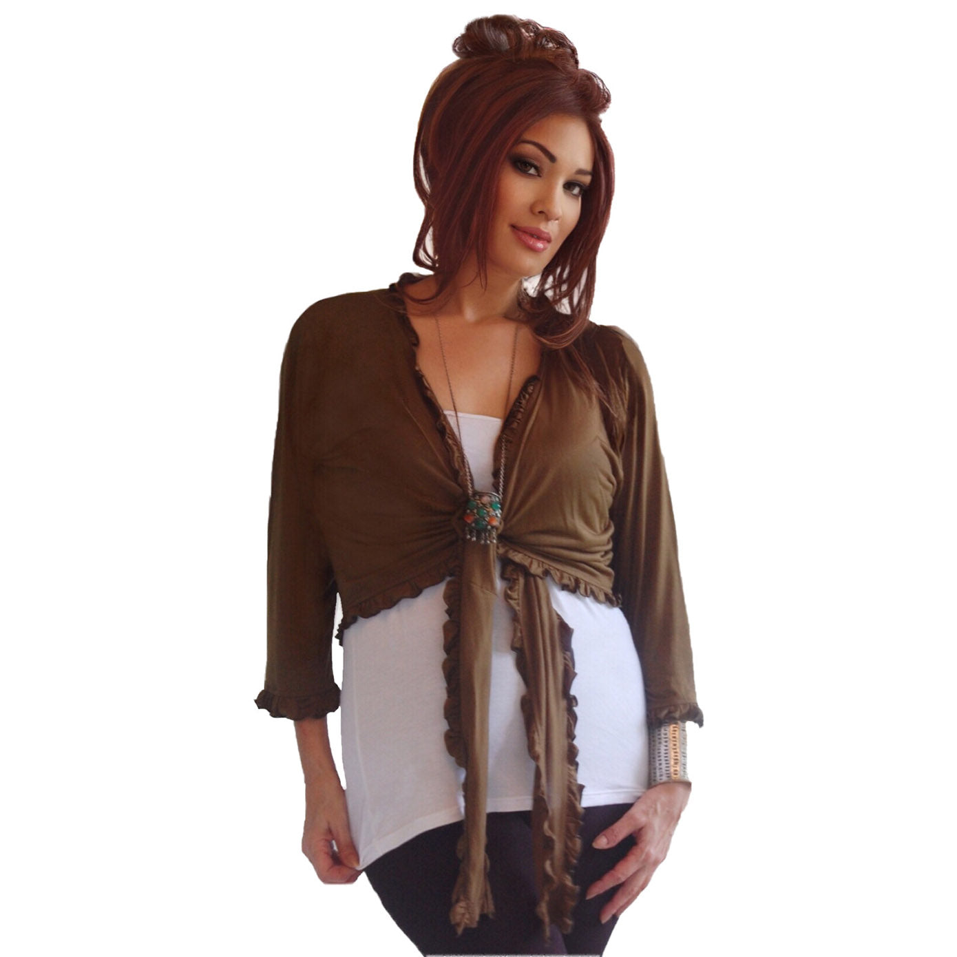 Zainab Tie front Ruffle Jersey Stretch Cardigan - The Bohemian Closet