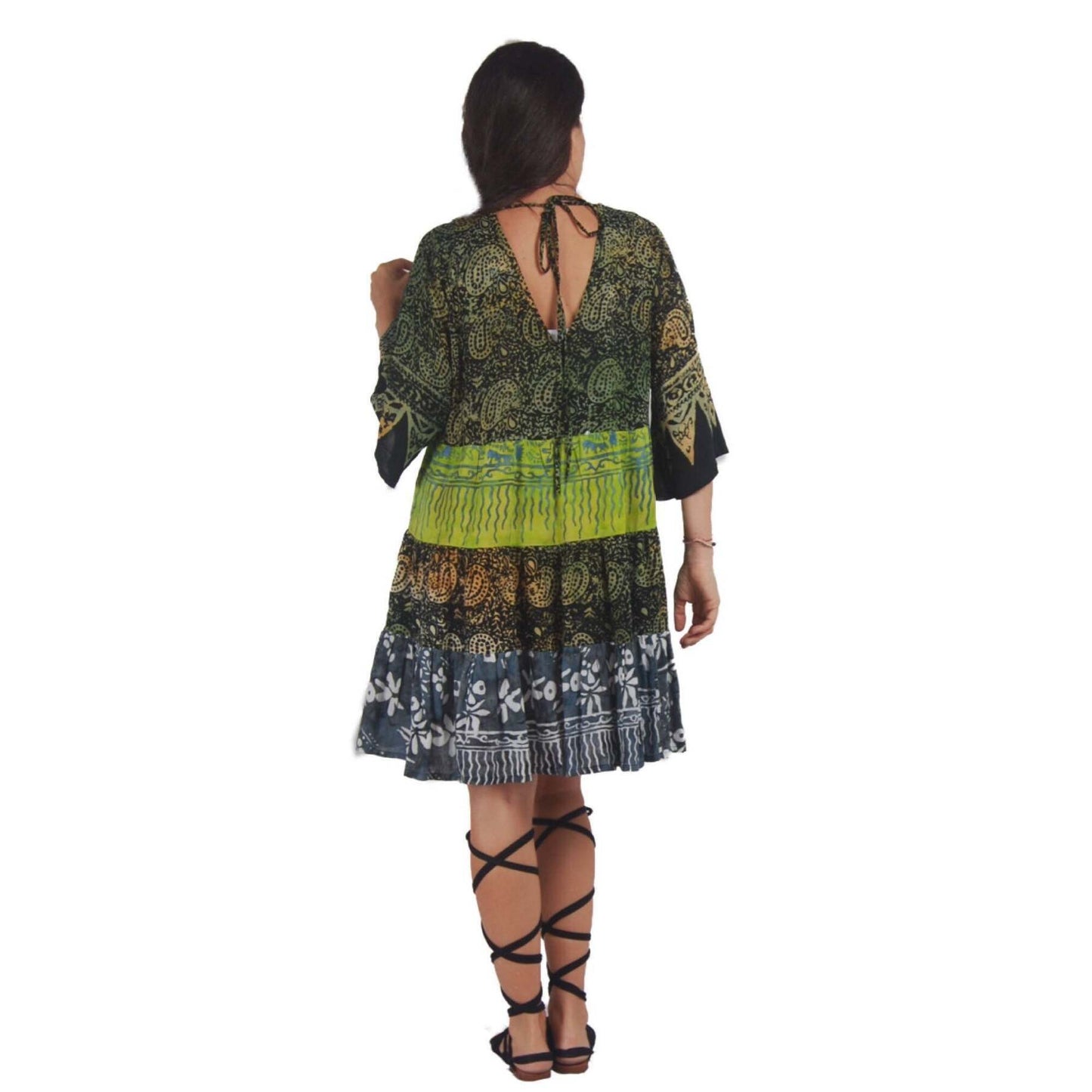 Kathryn Baby Doll Empire Tiers Batik Combination Boho Short Mini Dress - The Bohemian Closet