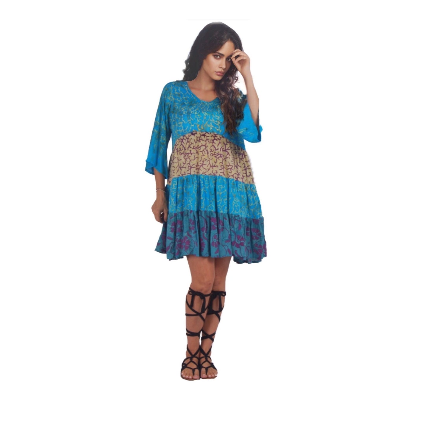 Kathryn Baby Doll Empire Tiers Batik Combination Boho Short Mini Dress - The Bohemian Closet