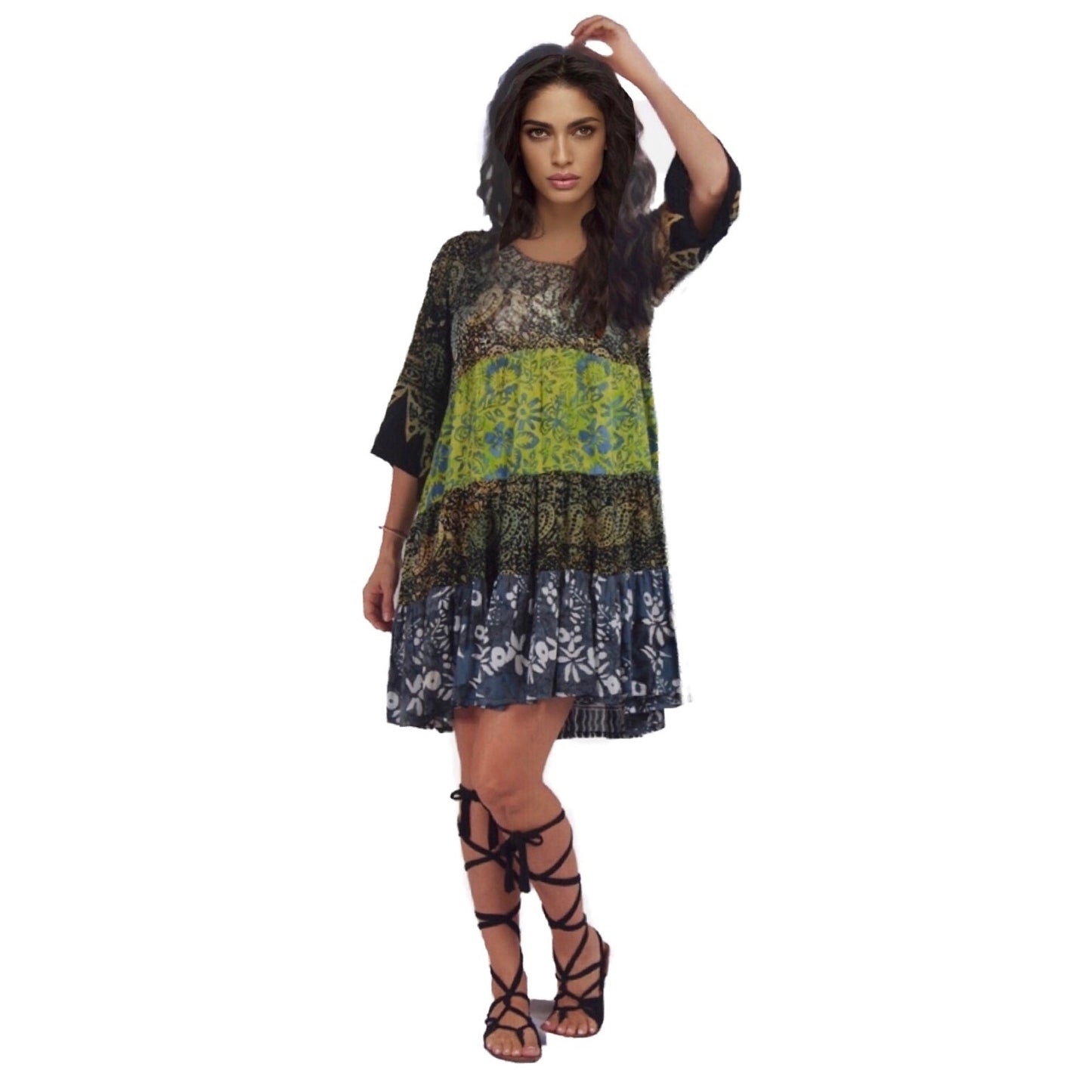 Kathryn Baby Doll Empire Tiers Batik Combination Boho Short Mini Dress - The Bohemian Closet