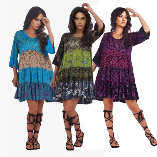 Kathryn Baby Doll Empire Tiers Batik Combination Boho Short Mini Dress - The Bohemian Closet