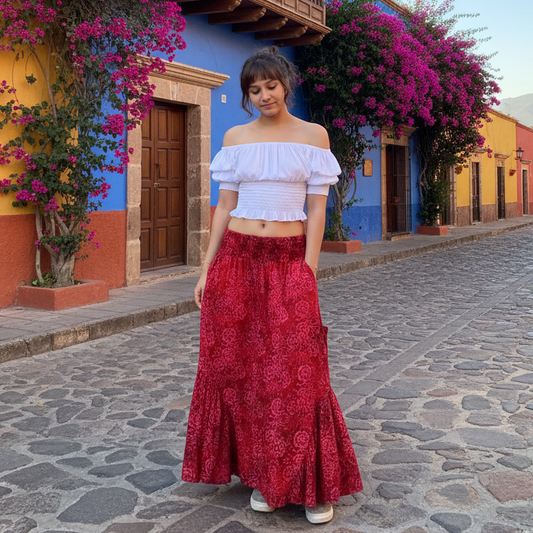Carolina Ruffle Pockets Bali Batik Bohemian Maxi Skirt - The Bohemian Closet
