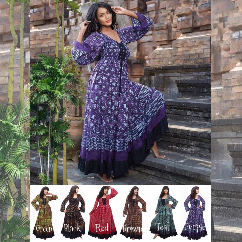 Eva Batik Empire Line Laced Bodice Long Sleeve Dress - The Bohemian Closet