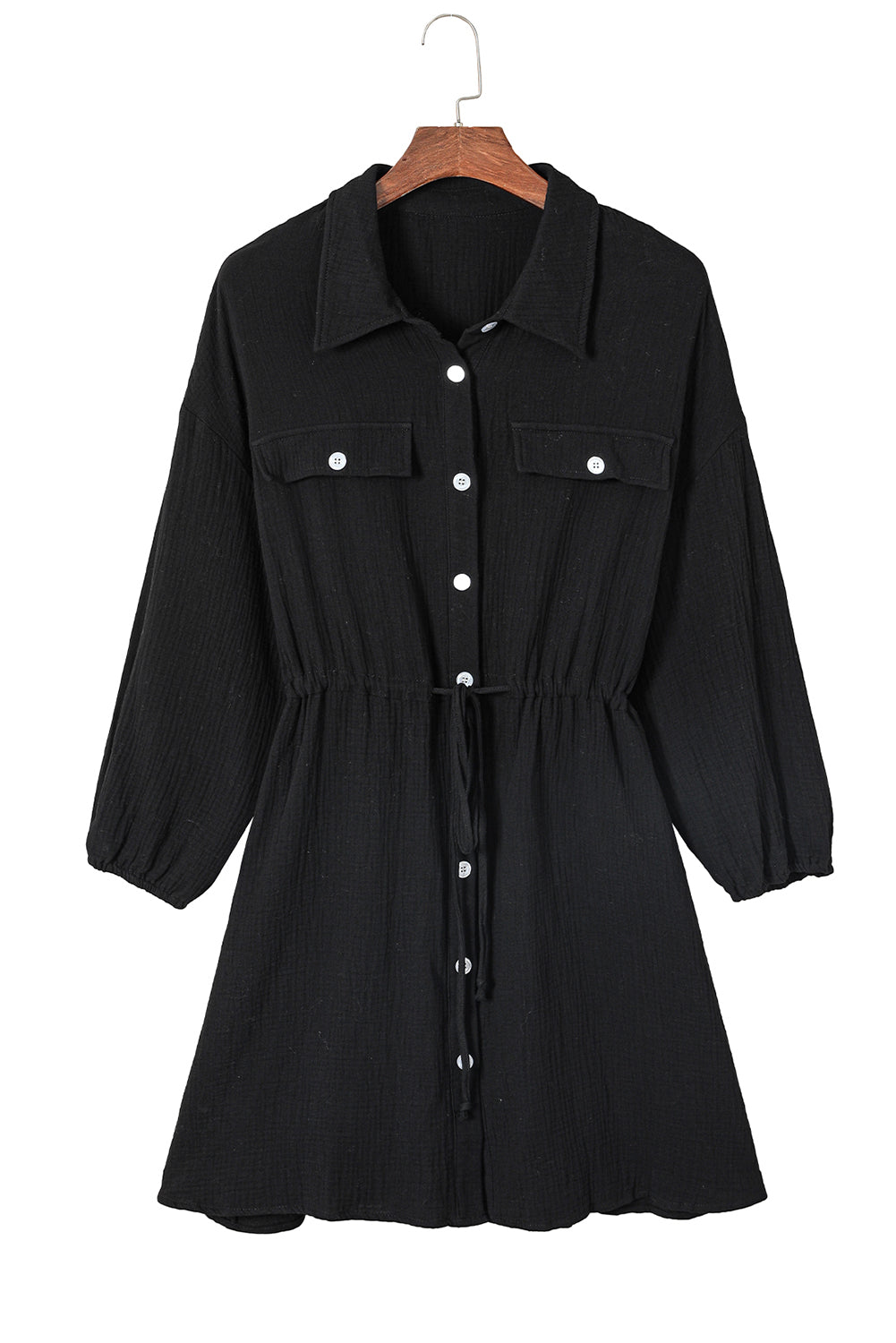 Black Plus Size Textured Drawstring Button up Shirt Dress