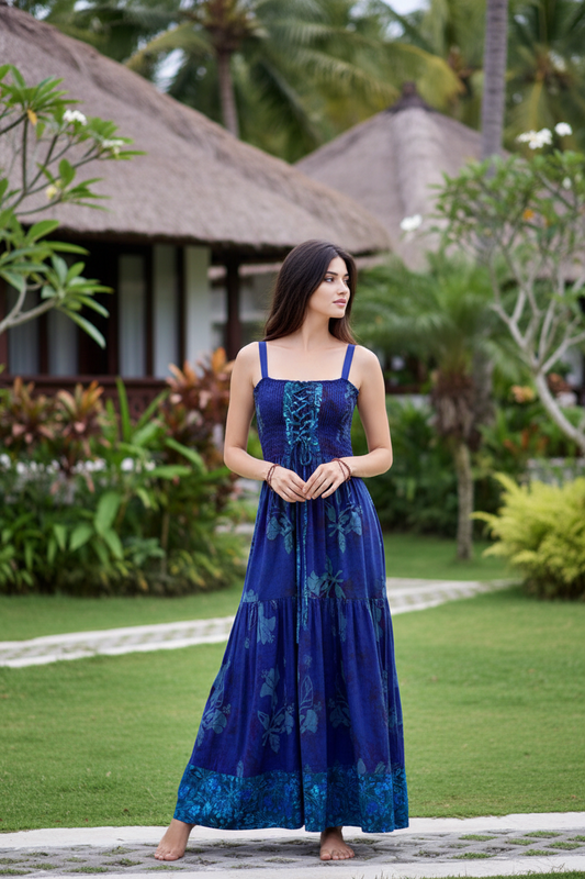 Mariana Boho Lace-Up Bodice Bali Batik Maxi Dress