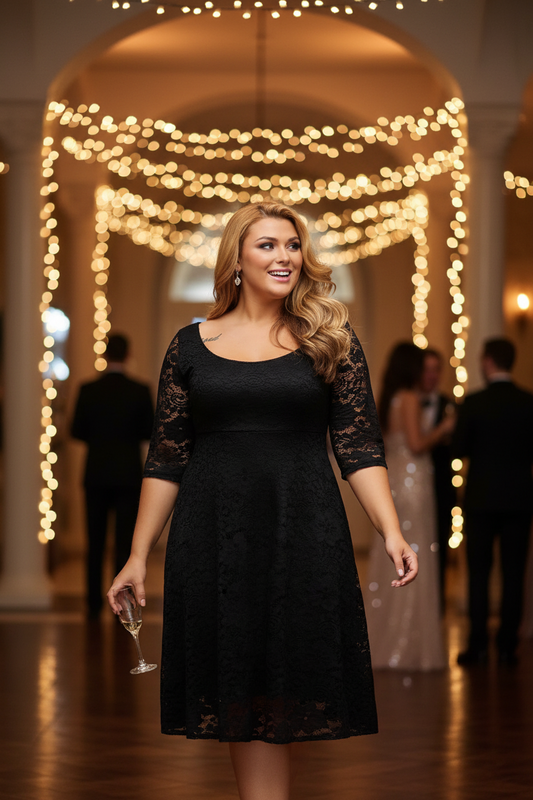 Rina Black Floral Lace Sleeved Fit and Flare Curvy Dress - The Bohemian Closet