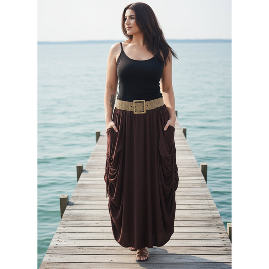 Adriana Elastic Waist Pockets Boho Maxi Skirt