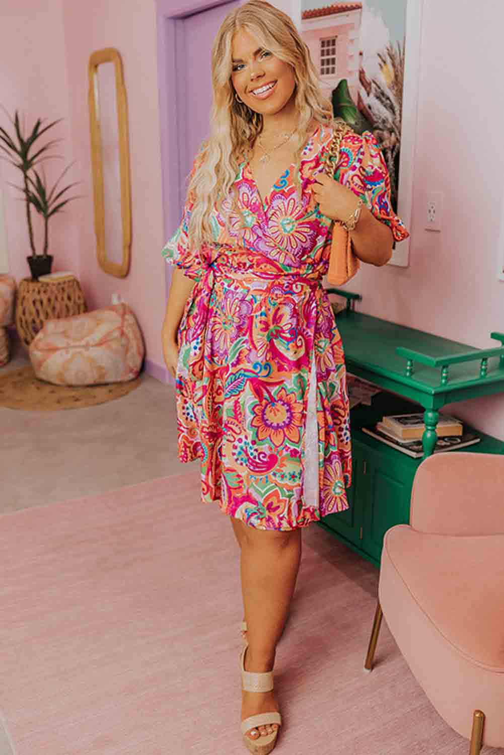 Kendra Multicolor Boho Paisley Floral Print Wrap V Neck Puff Sleeve Dress - The Bohemian Closet