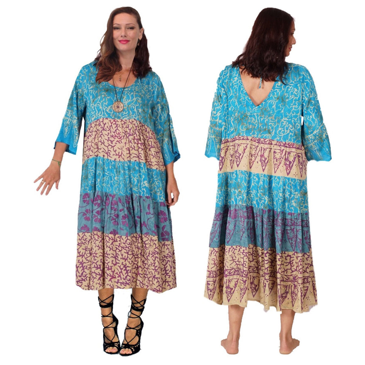 Reagan Gauzy Batik Combination Boho 3/4 Length Dress - The Bohemian Closet