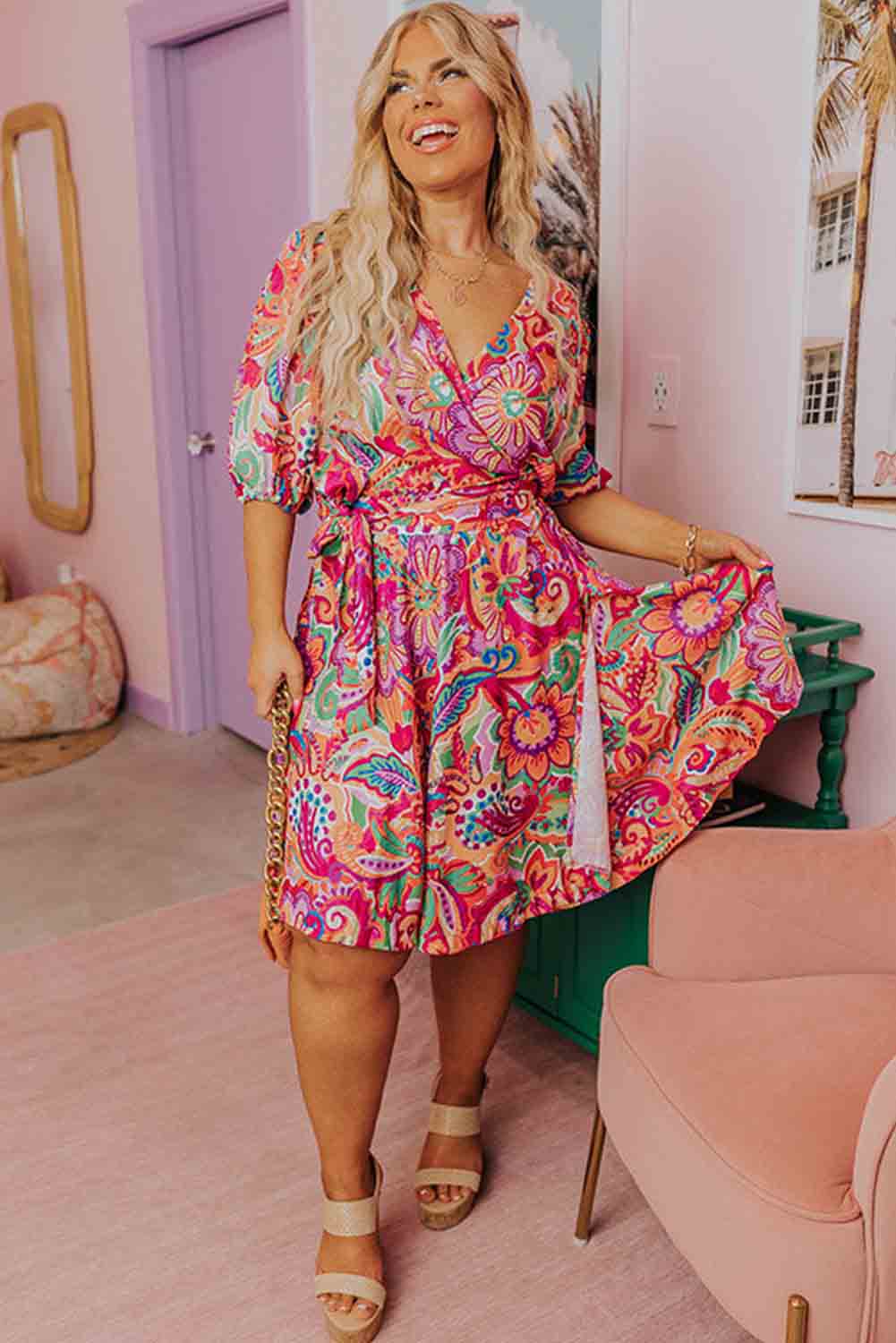 Kendra Multicolor Boho Paisley Floral Print Wrap V Neck Puff Sleeve Dress - The Bohemian Closet