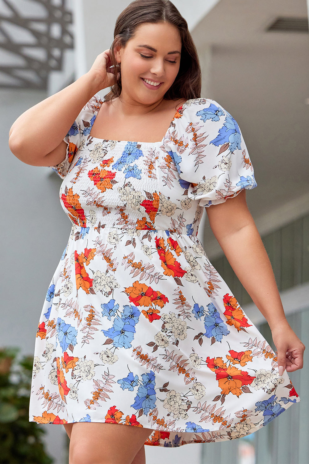 White Floral Smocked Flared Plus Size Dress
