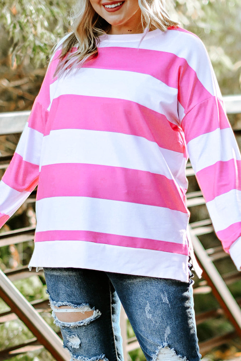 Sariyah Pink Striped Side Slit Plus Size Sweatshirt - The Bohemian Closet