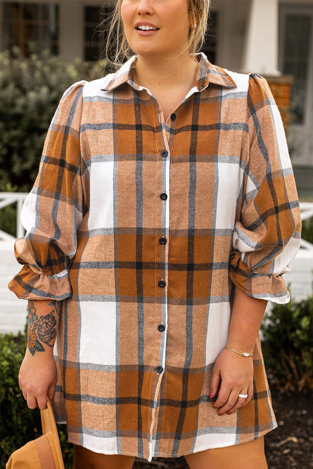 Khaki Plus Size Plaid Flounce Sleeve Button up Shirt Dress