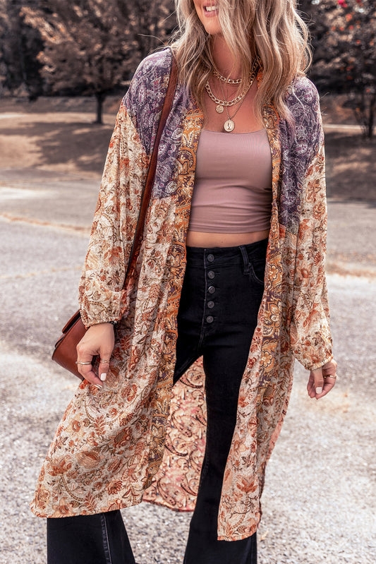Gold Flame Bubble Sleeve Floral Print Open Front Top