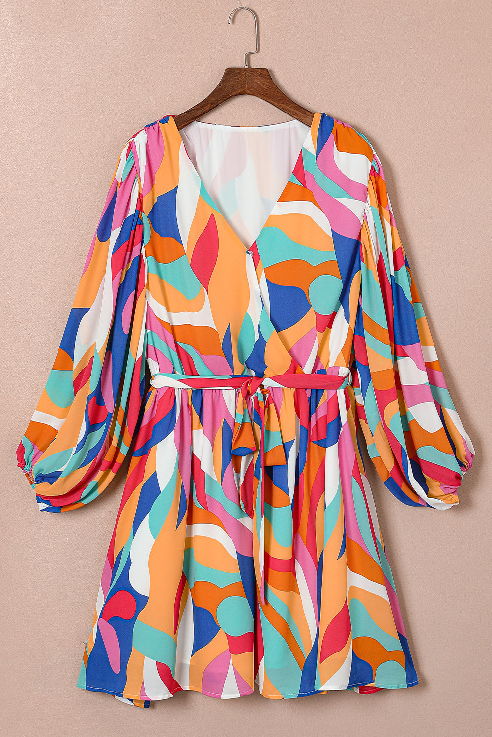 Multicolor Plus Size Abstract Print Oversized Sleeve Belted Dress
