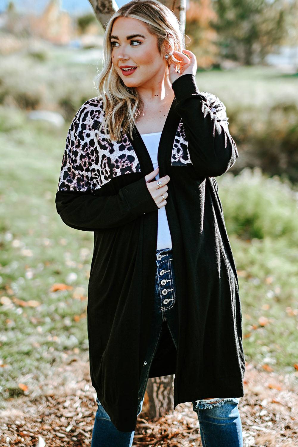 Violeta Black Leopard Detail Plus Size Cardigan