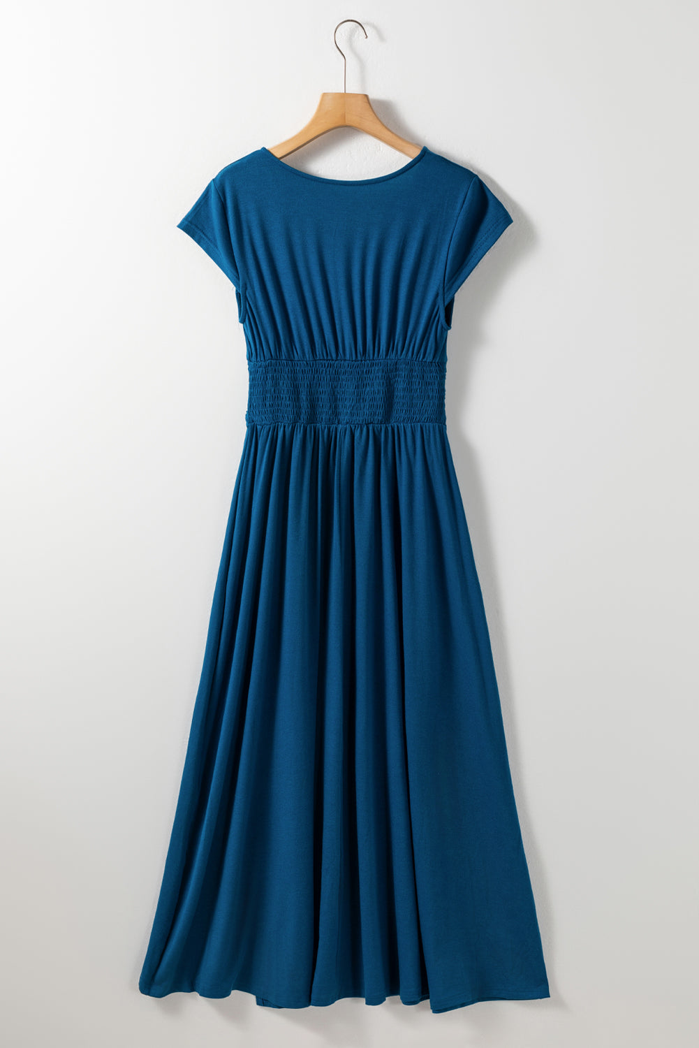 Peacock Blue Short Sleeve Shirred High Waist V Neck Maxi Dress