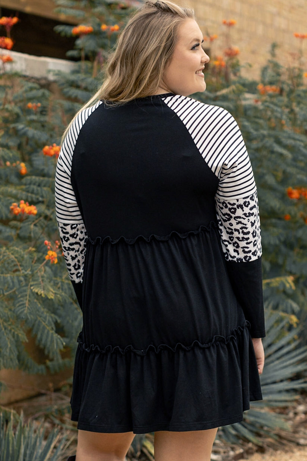 Black Plus Size Striped Leopard Patch Sleeve Ruffle Tiered Dress