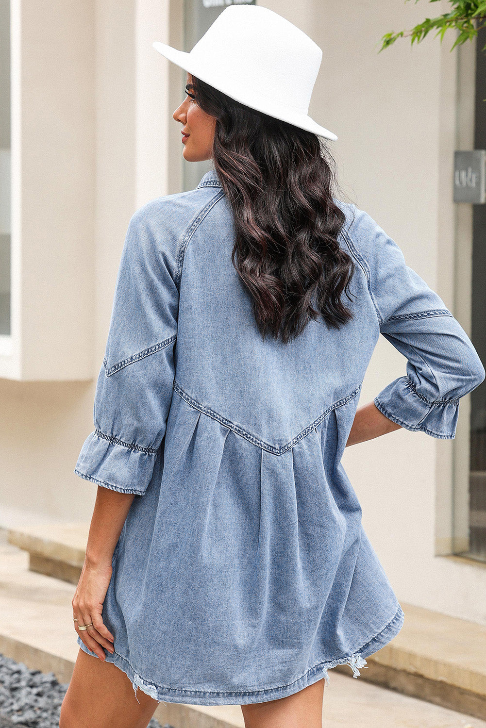 Light Blue Ruffled 3 4 Sleeve Buttoned Front Plus Size Denim Dress