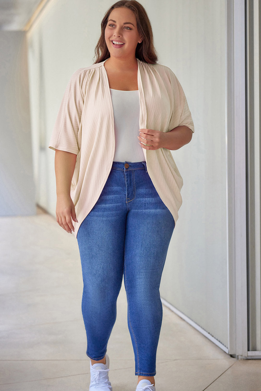 Apricot Shimmer Ribbed Texture Plus Size Cardigan