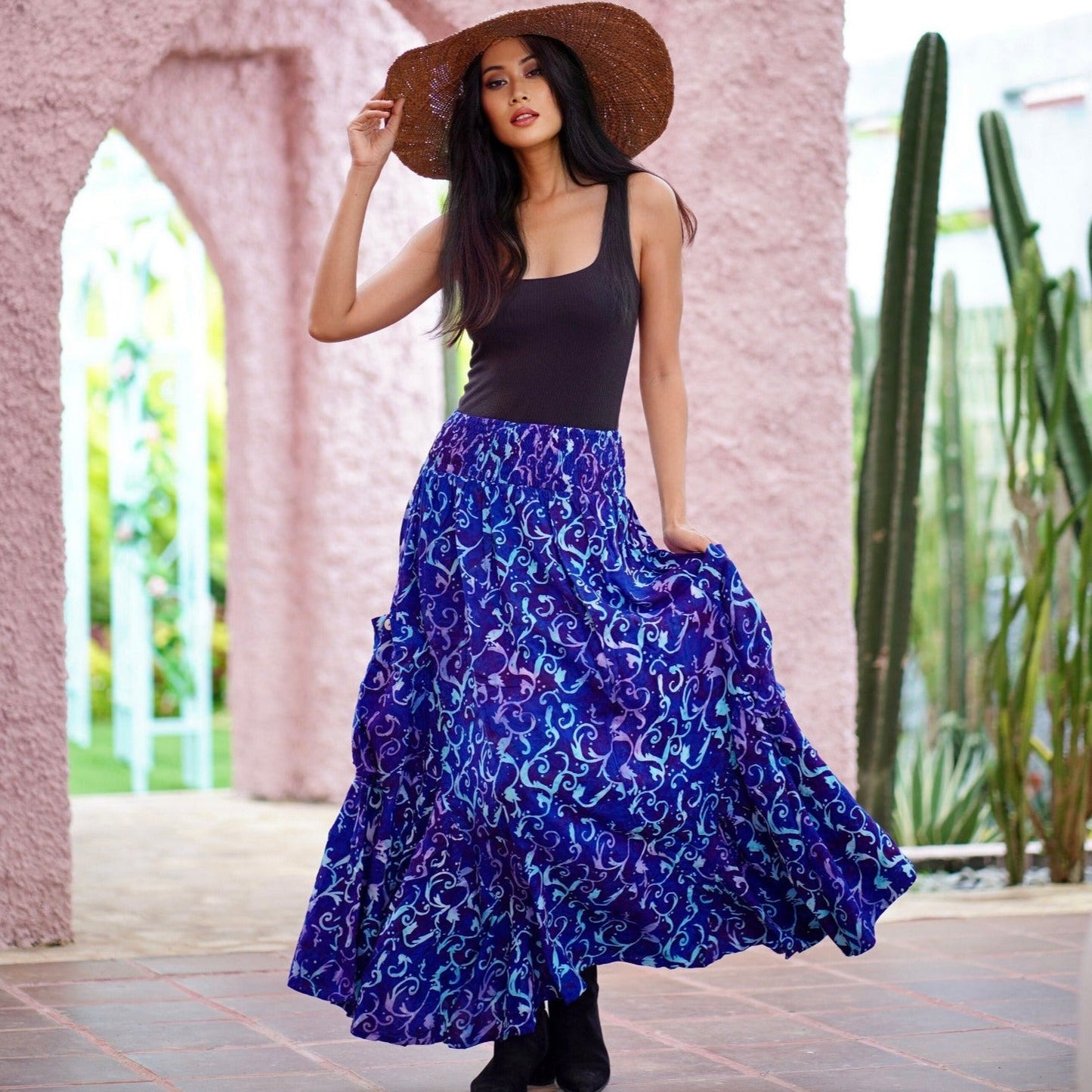 Maria Bohemian Maxi Skirt Ruffle Pockets Bali Batik Vacation - The Bohemian Closet