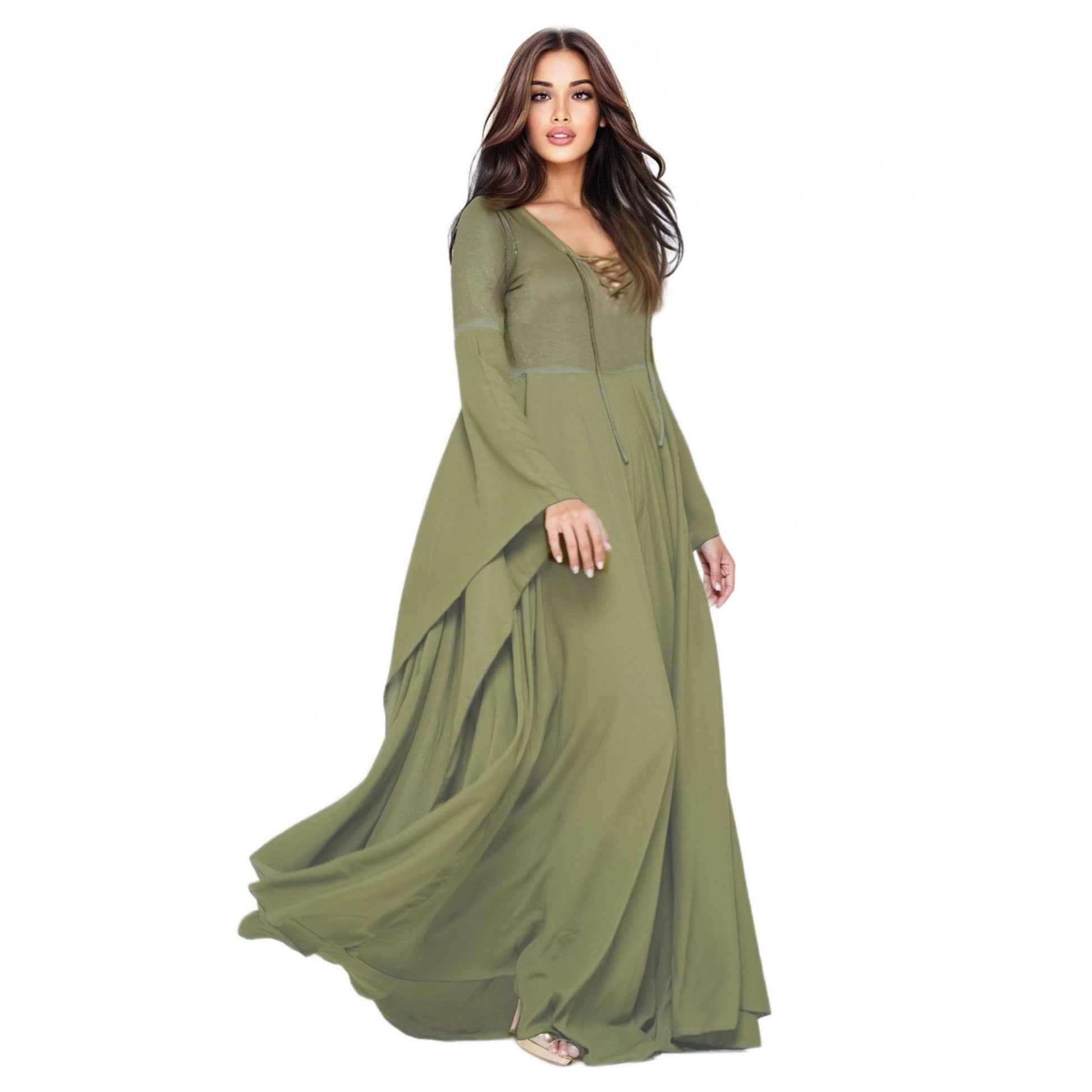 Emely Flowing Sleeve Lace Up Ties Renaissance Maxi Dress - The Bohemian Closet